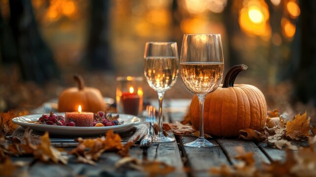 A table with a plate of food and two glasses of wine