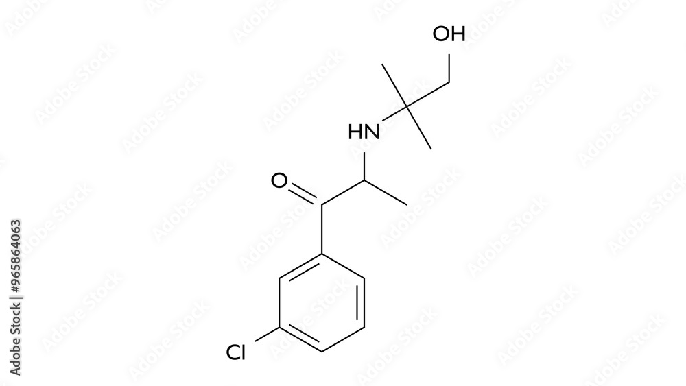 Poster hydroxybupropion molecule, structural chemical formula, ball-and-stick model, isolated image active metabolite