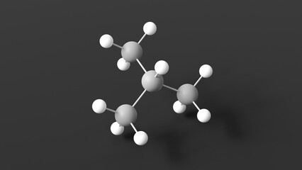 isobutane molecule 3d, molecular structure, ball and stick model, structural chemical formula gas