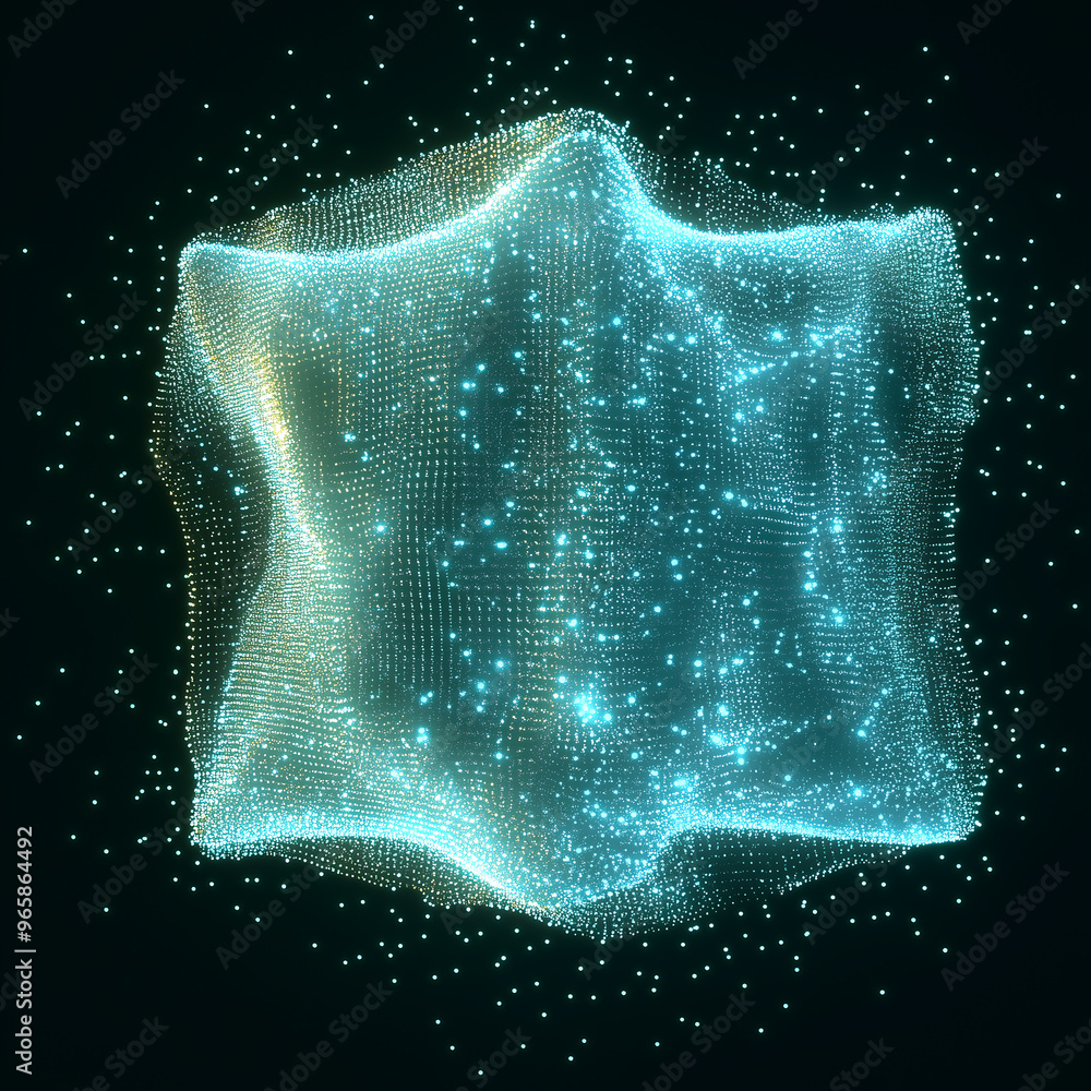 Poster flowing 3d cube mesh formed by light particles in a digital space