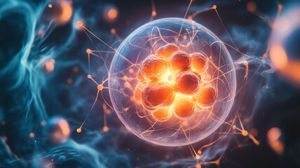 Obraz premium Detailed illustration of an atom's structure showcasing protons, neutrons, and electrons in motion