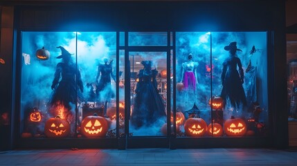 Haunted Halloween store window display filled with creepy costumes glowing jack o  lanterns and ominous fog creating a spooky and festive seasonal showcase for the holiday