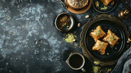 Elegant Turkish Dessert Display with Baklava and Tea Setup on Dark Rustic Background