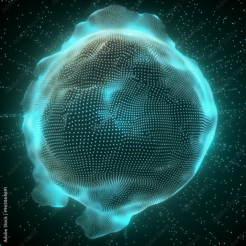 Poster glowing digital 3d sphere with abstract particle flow