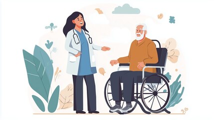 Healthcare professional interacts with elderly patient in a relaxing, nature-inspired setting during a wellness check-up