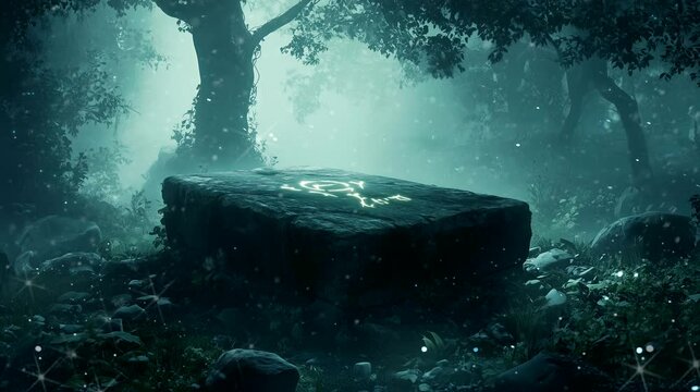 Ancient stone altar in the middle of a dense, foggy forest. Halloween concept, looping 4k video animation background