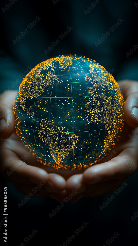 Poster 3d digital globe in hands representing global technology and data networks