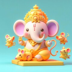 Naklejka premium Charming 3D illustrations of Lord Ganesha in playful poses, bursting with color and joy, celebrating divine love and blessings.