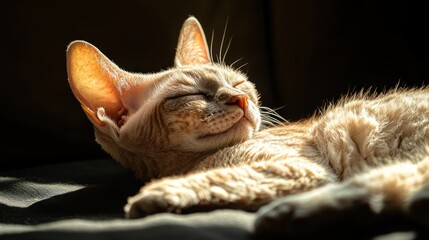 Naklejka premium A relaxed cat enjoys sunlight, embodying tranquility and comfort.
