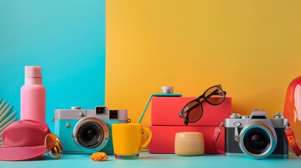 Colorful photography gear and accessories on vibrant background