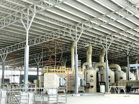 Wet Scrubber, Industrial exhaust air treatment system or wet scrubber system. Lots of wet scrubbers in the factory area