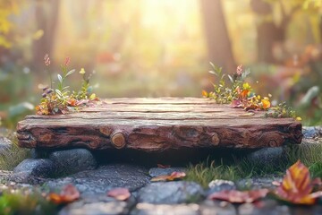 Autumn nature scene with wooden table, leaves, and warm sunlight