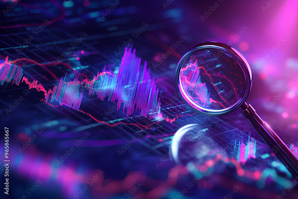Poster a magnifying glass over a vibrant digital graph, symbolizing data analysis and insights.
