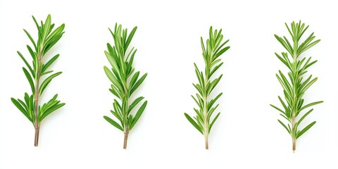 Four different types of rosemary are shown in a row. The leaves are green and the stems are thin