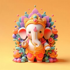 Naklejka premium Charming 3D illustrations of Lord Ganesha in playful poses, bursting with color and joy, celebrating divine love and blessings.