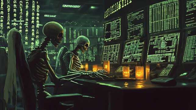 Skeleton traders crunching numbers and analyzing data in a dark candle lit exchange on a spooky Halloween night creating an eerie and ominous atmosphere in the financial world