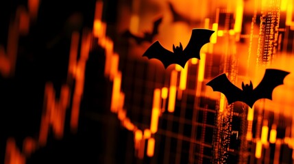 Spooky candlestick charts in the shape of bats and pumpkins showcasing the volatility and uncertainty of the Halloween market and seasonal finance trends