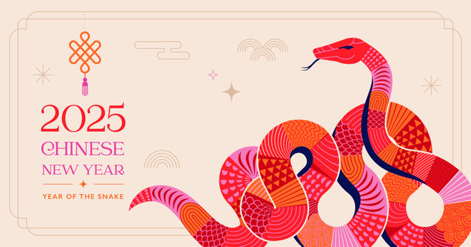 Chinese new year 2025 year of the Snake. Red Snake illustration and design. Red traditional Chinese vector designs with snakes. Lunar new year concept, geometric modern design