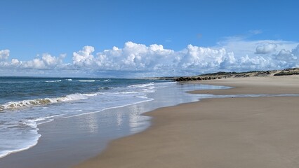 A pristine sandy beach with gentle waves lapping the shore under a bright blue sky filled with fluffy clouds. The untouched shoreline stretches into the distance, creating a peaceful atmosphere.

