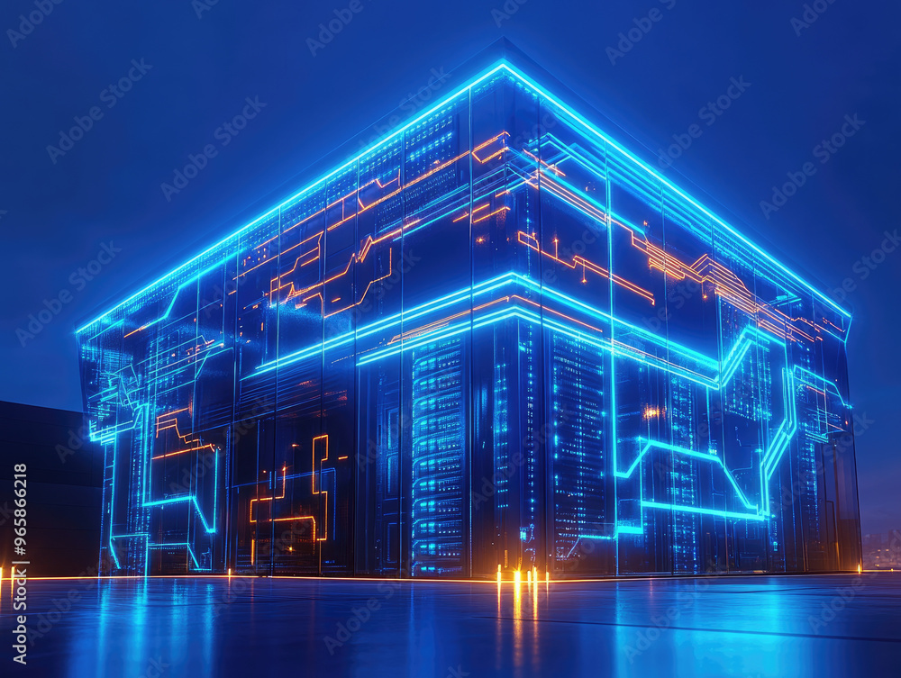 Poster explore a modern illuminated structure housing advanced ai and blockchain technology, shaping the fu
