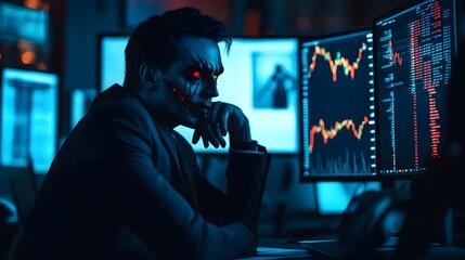 Vampire Analyzes Halloween Themed Trading Office Data with Supernatural Precision as Markets Rise and Fall on Spooky Finance Screens