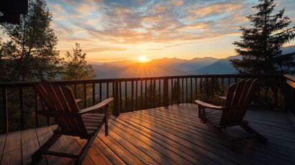 Serene Mountain View from Wooden Balcony at Sunrise