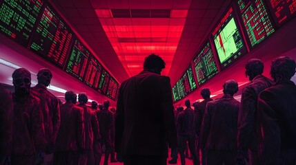 Zombie Traders Haunting the Eerie Glowing Screens on Halloween Night   Undead Figures Tracking Trends and Market Data in a Chilling Futuristic Trading Floor Scene