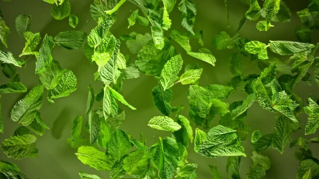 Super Slow Motion Shot of Fresh Mint Leaves Exploded Towards Camera at 1000fps.
