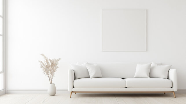 A white couch sits in a room with a white wall and a white picture frame