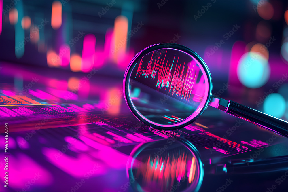 Poster a magnifying glass over a digital display with colorful data visualizations.