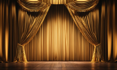 A pair of gold curtains are drawn open to reveal a spotlight illuminating the empty stage