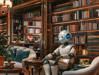 Autonomous Robot Assistant with Cutting Edge Sensors and Intuitive Controls in Cozy Library Setting