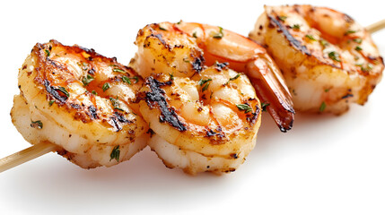 Close-up of three grilled shrimp skewered on a stick, golden-brown and slightly charred with herbs and spices