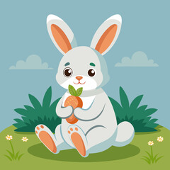 A Rabbit sitting on grass and eating Carrot