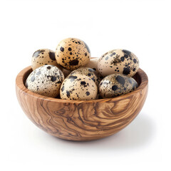 Obraz premium Quail eggs in wooden bowl on white background.