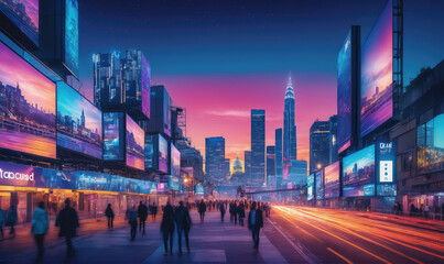 Obraz premium People walk along a city street lined with tall buildings and glowing billboards at dusk