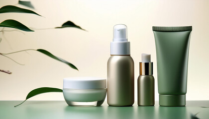 透明感のあるガラス容器に入ったみずみずしい化粧品が並んでいる