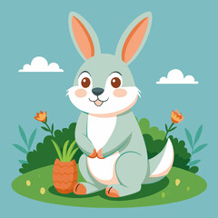 A Rabbit sitting on grass and eating Carrot