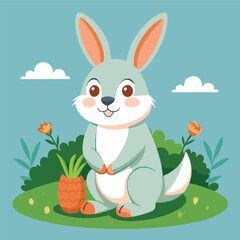 A Rabbit sitting on grass and eating Carrot