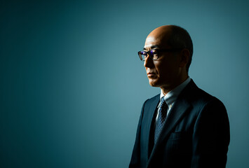 深刻な顔のアジア人中年ビジネスマンのシルエット
