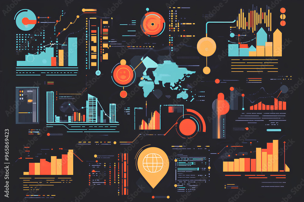 Poster data visualization dashboard featuring graphs, charts, and global maps.