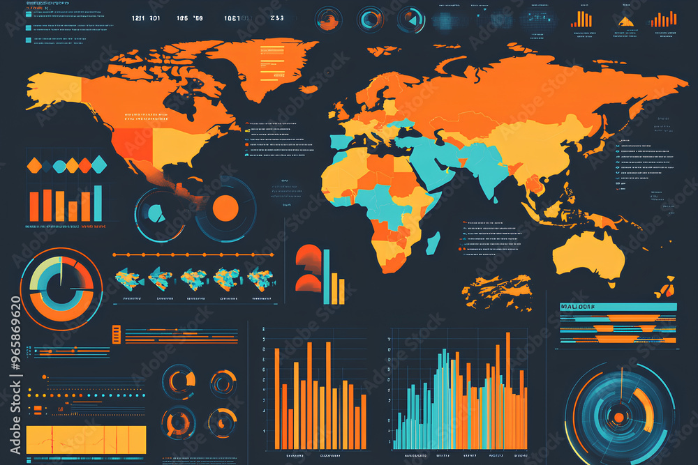 Poster a colorful infographic displaying global data trends and statistics across various regions.