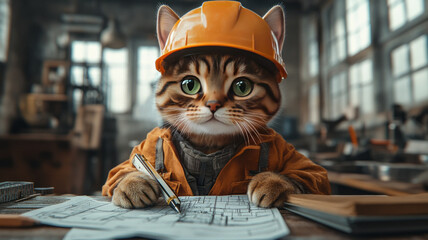 A Bengal cat, dressed as an engineer, intensely working on blueprints.
