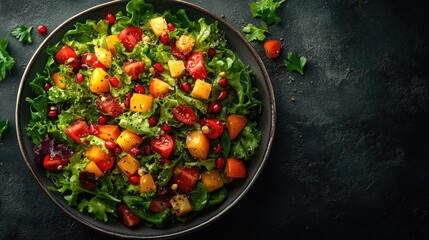 Overhead shot of a colorful fresh salad with ample copy space for promoting healthy eating or culinary related content