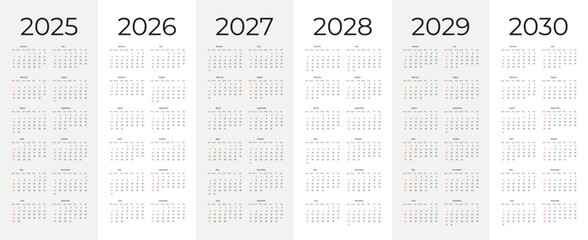 Simple calendar set for 2025 2026 2027 2028 2029 2030 years. Editable vertical vector calender