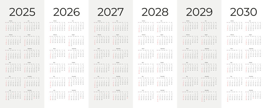 Simple calendar set for 2025 2026 2027 2028 2029 2030 years. Editable vertical vector calender