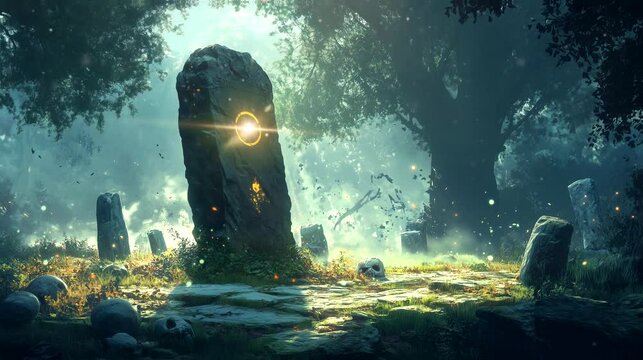 Ancient stone altar in the middle of a dense, foggy forest. Halloween concept, looping 4k video animation background
