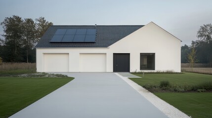 Modern minimalistic house with a solar system on the roof