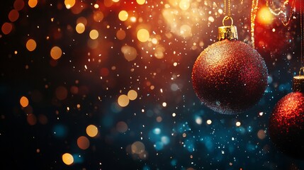 Abstract background of christmas ball with blurr snow and lighting, have space for overlay text - generate AI
