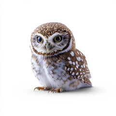 Fototapeta premium A small brown spotted owl with large eyes, standing against a white background, highlighting its detailed feathers and curious expression.